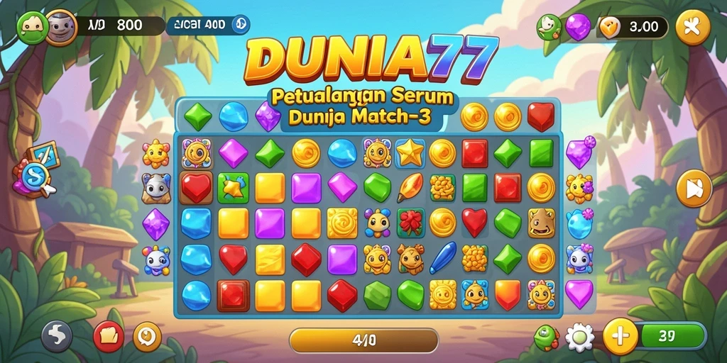 Screenshot DUNIA77 yang menunjukkan aksi permainan Match-3 yang seru.