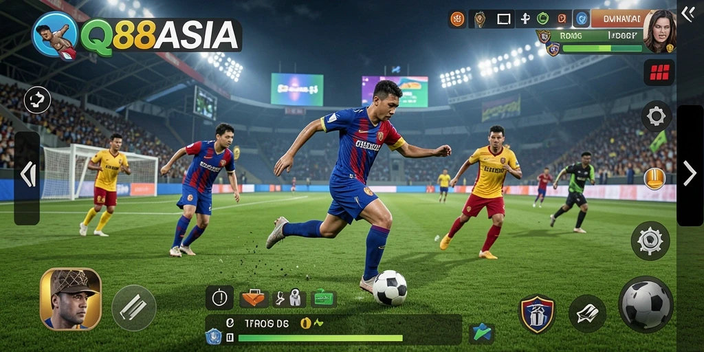 Tampilan gameplay <strong>QQ88ASIA</strong> dengan aksi seru di lapangan olahraga.